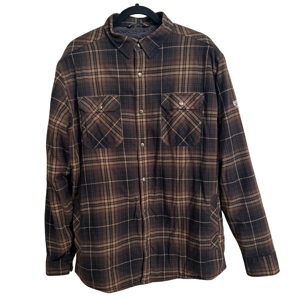 KUHL Joyrydr Plaid Fleece Lined Snap Front Jacket Brown Size L